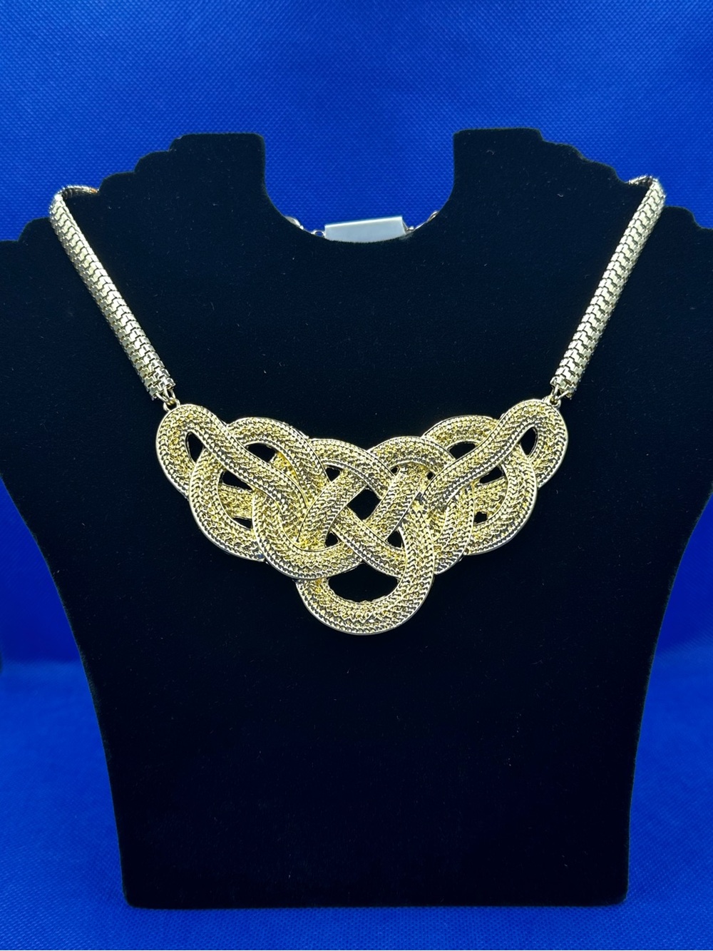 Gold Tone Woven Braided Knot Statement Necklace